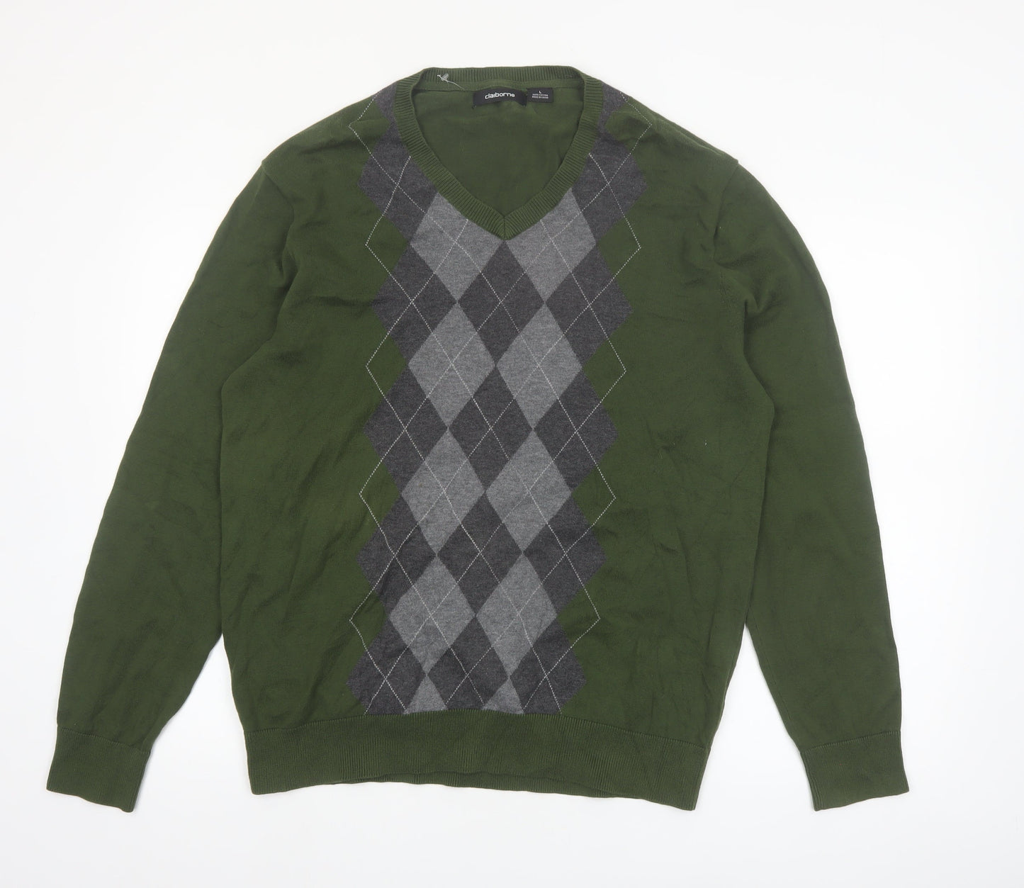 Claiborne Men's Green Argyle Cotton V-Neck Jumper Size L