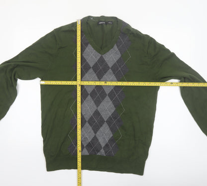 Claiborne Men's Green Argyle Cotton V-Neck Jumper Size L