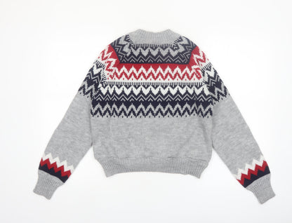 Beyond Retro Womens Grey Fair Isle Wool Knit Jumper XS