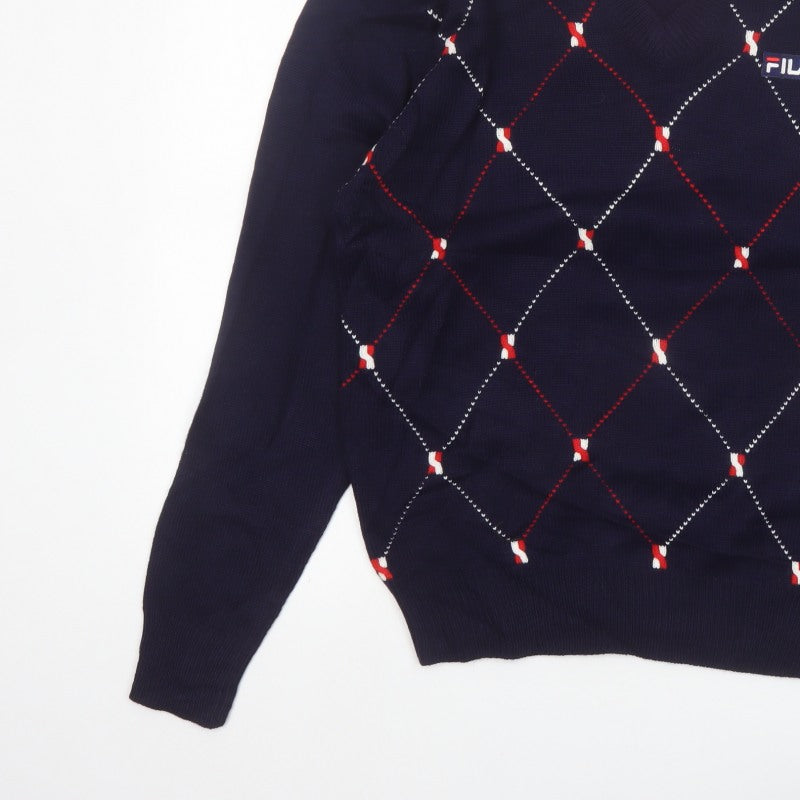 FILA Men's Blue Argyle V-Neck Jumper XL Knit Pullover Sweater