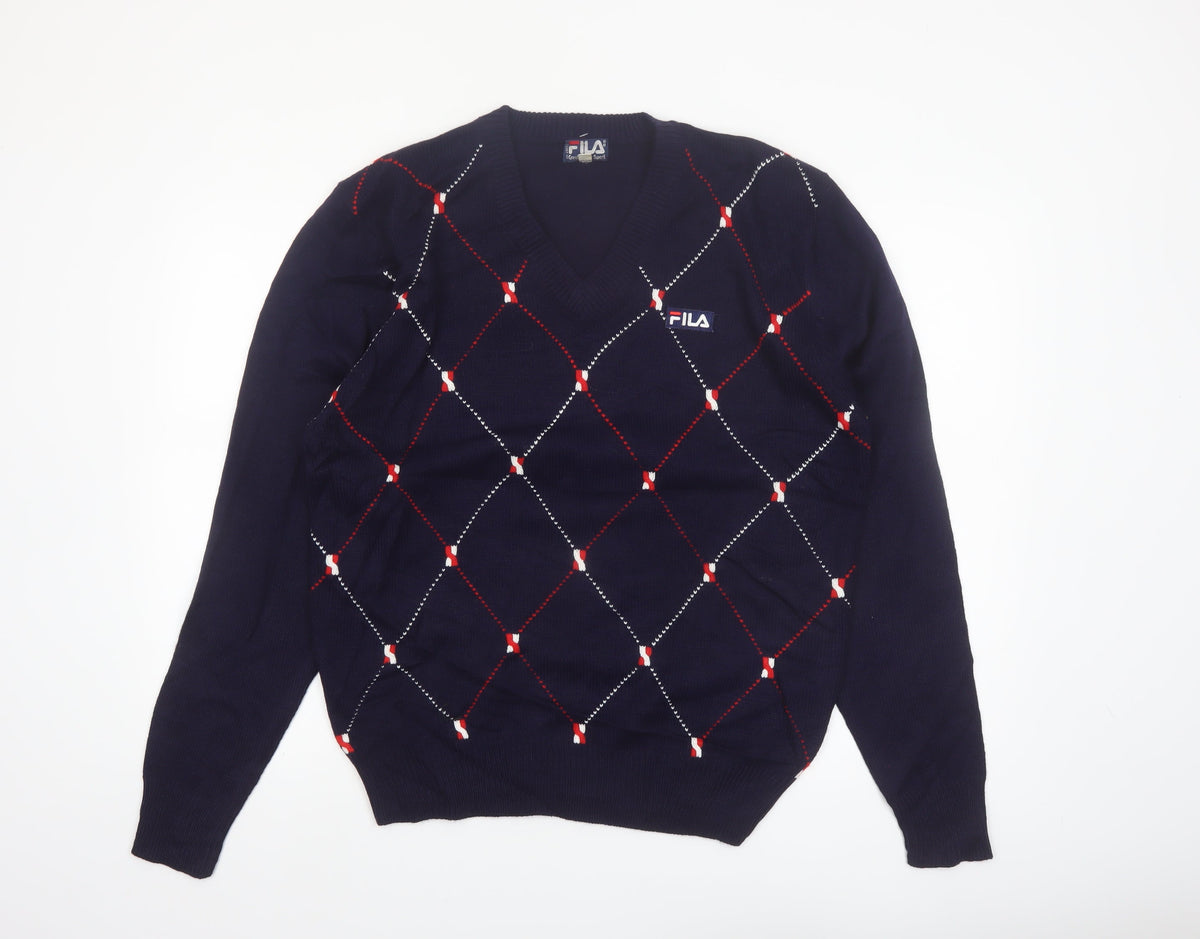 FILA Men's Blue Argyle V-Neck Jumper XL Knit Pullover Sweater