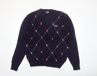 FILA Men's Blue Argyle V-Neck Jumper XL Knit Pullover Sweater