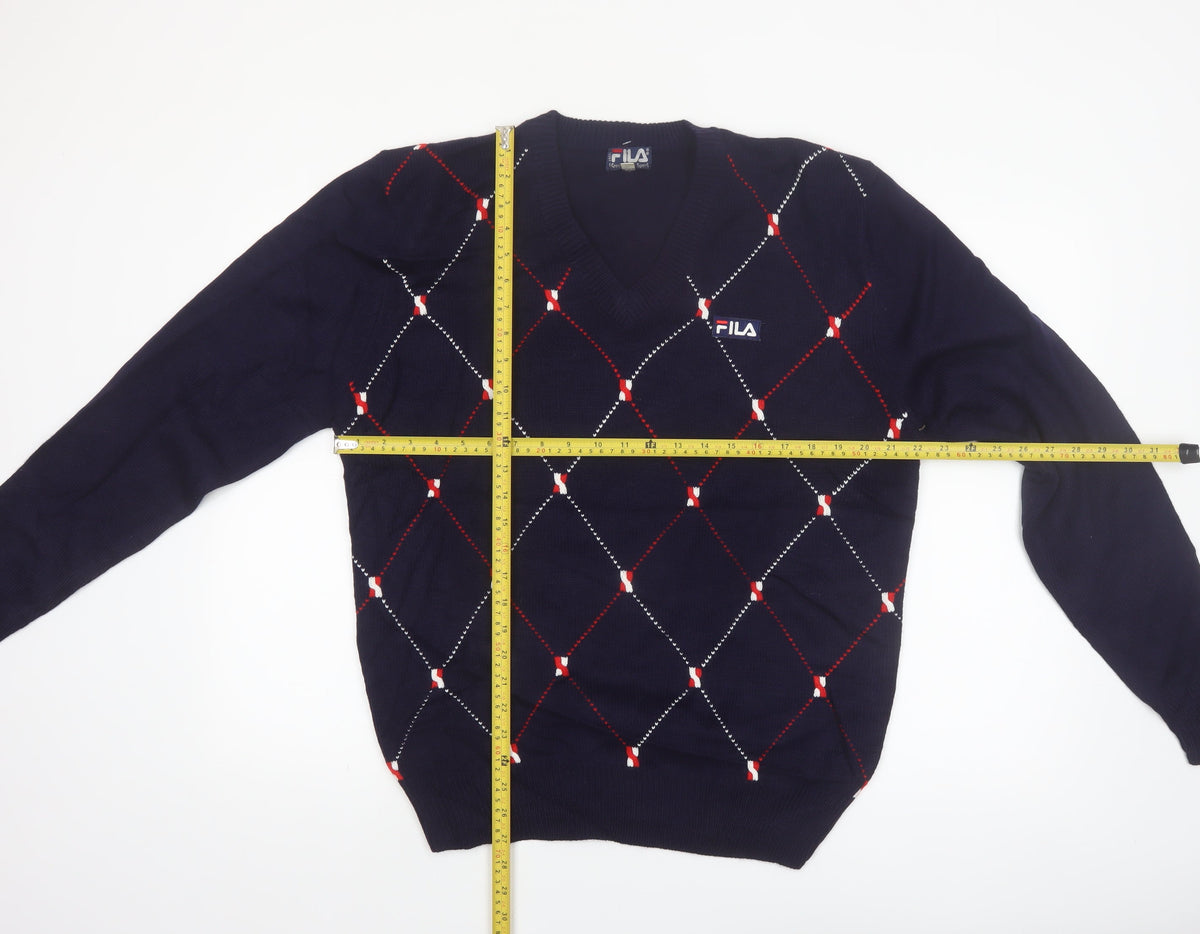 FILA Men's Blue Argyle V-Neck Jumper XL Knit Pullover Sweater