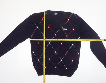 FILA Men's Blue Argyle V-Neck Jumper XL Knit Pullover Sweater