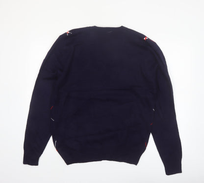 FILA Men's Blue Argyle V-Neck Jumper XL Knit Pullover Sweater