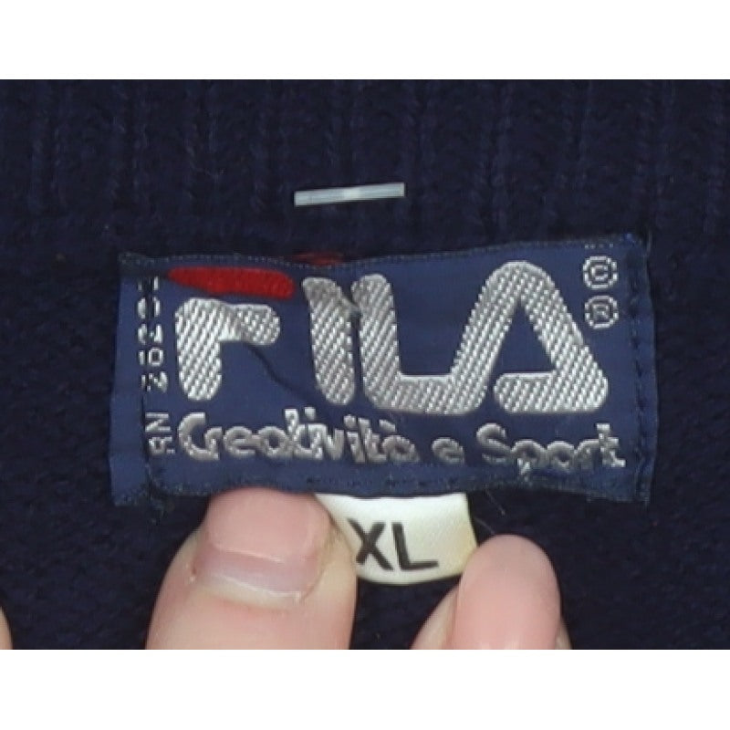 FILA Men's Blue Argyle V-Neck Jumper XL Knit Pullover Sweater