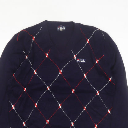 FILA Men's Blue Argyle V-Neck Jumper XL Knit Pullover Sweater