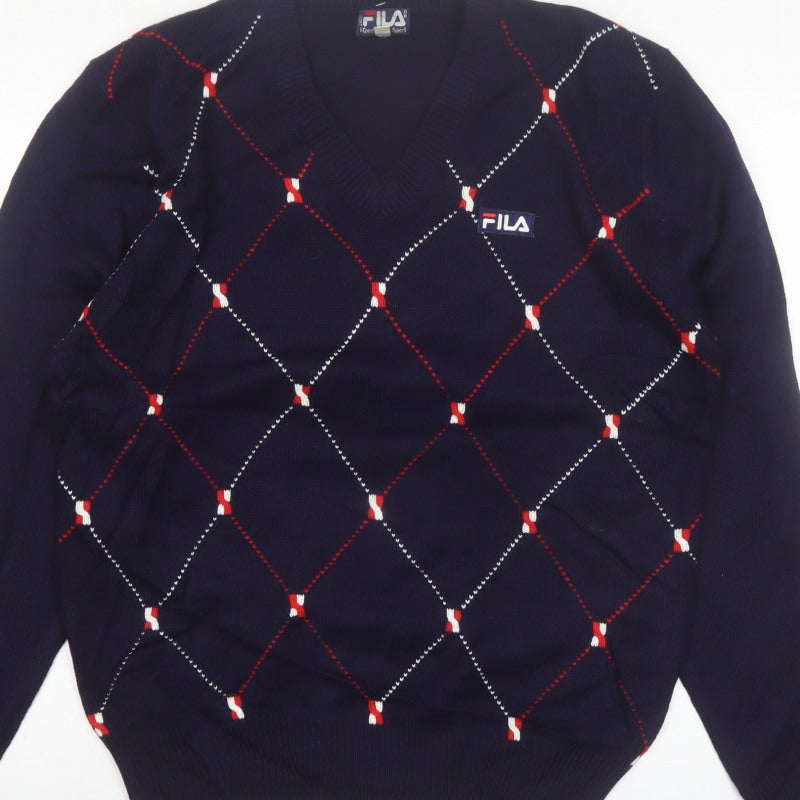 FILA Men's Blue Argyle V-Neck Jumper XL Knit Pullover Sweater