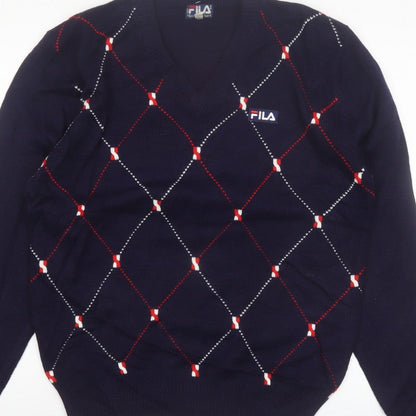FILA Men's Blue Argyle V-Neck Jumper XL Knit Pullover Sweater