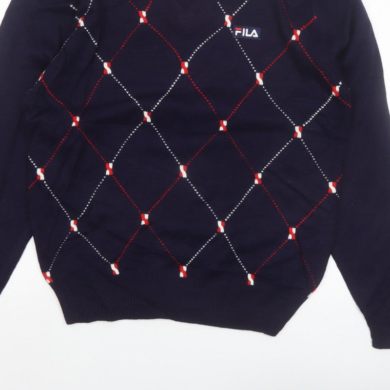 FILA Men's Blue Argyle V-Neck Jumper XL Knit Pullover Sweater