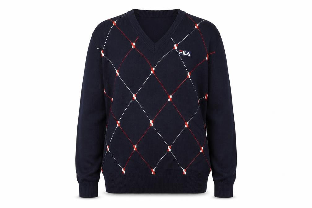 FILA Men's Blue Argyle V-Neck Jumper XL Knit Pullover Sweater