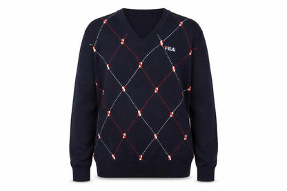 FILA Men's Blue Argyle V-Neck Jumper XL Knit Pullover Sweater