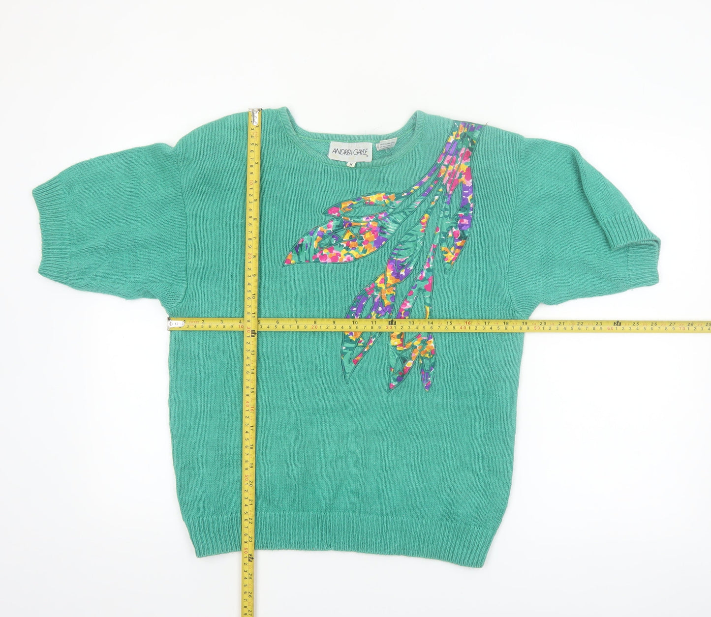 Andrea Gayle Women Green Short Sleeve Pullover Jumper M Floral Appliqué