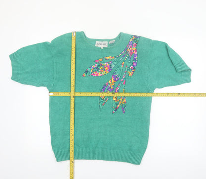 Andrea Gayle Women Green Short Sleeve Pullover Jumper M Floral Appliqué