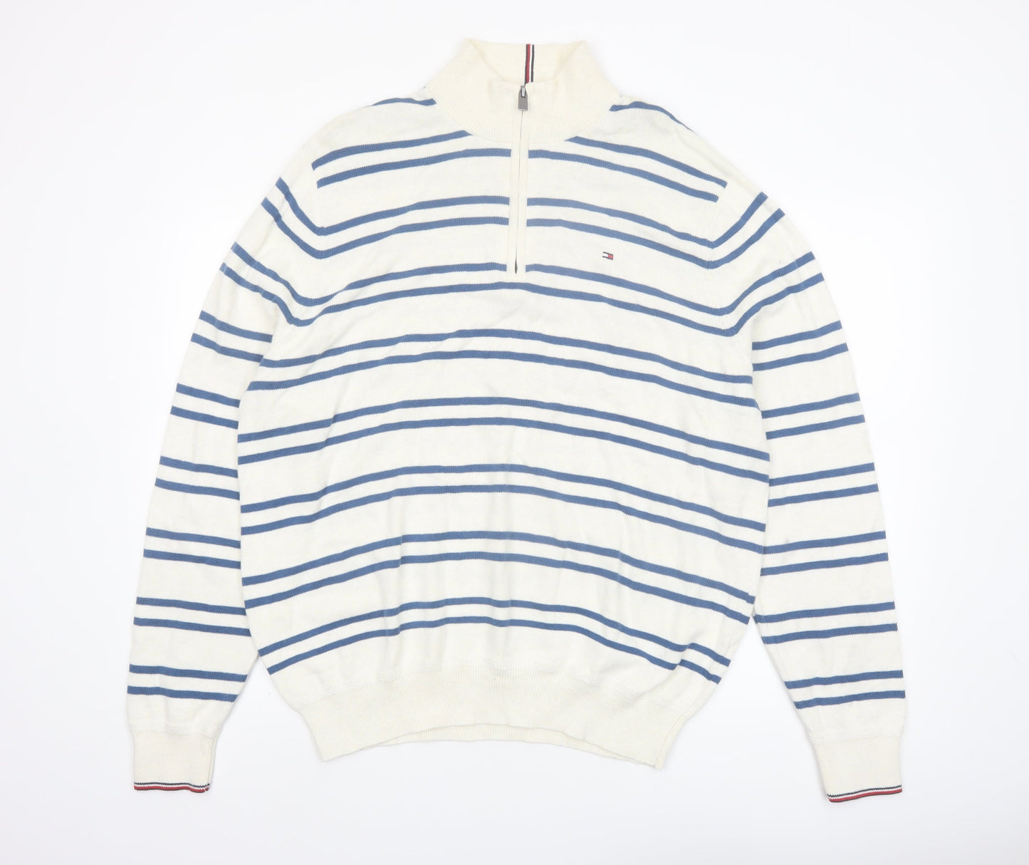 Tommy Hilfiger Men’s White Blue Striped Cotton 1/2 Zip Jumper XL