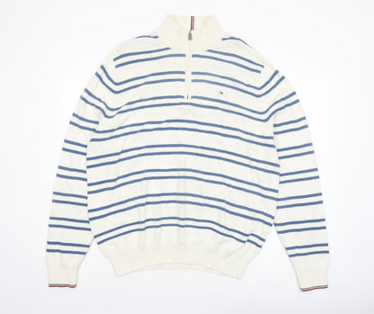 Tommy Hilfiger Men’s White Blue Striped Cotton 1/2 Zip Jumper XL