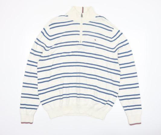 Tommy Hilfiger Men’s White Blue Striped Cotton 1/2 Zip Jumper XL