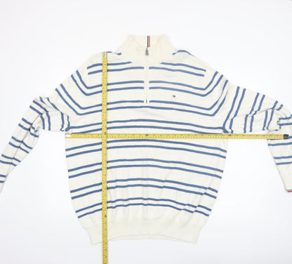 Tommy Hilfiger Men’s White Blue Striped Cotton 1/2 Zip Jumper XL