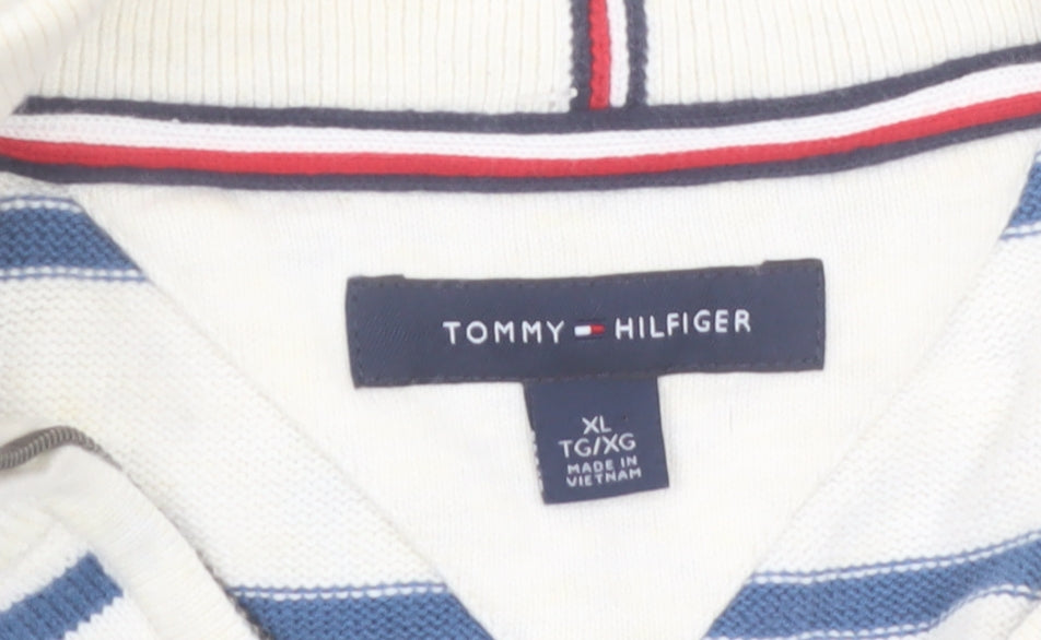 Tommy Hilfiger Men’s White Blue Striped Cotton 1/2 Zip Jumper XL