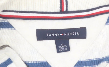 Tommy Hilfiger Men’s White Blue Striped Cotton 1/2 Zip Jumper XL
