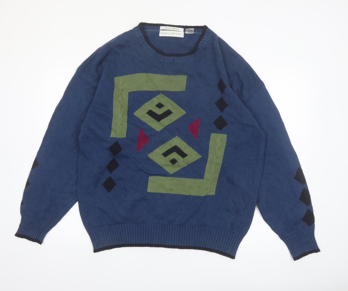 Henry Grethel Men’s Blue Geometric Knit Cotton Jumper L Retro Pullover