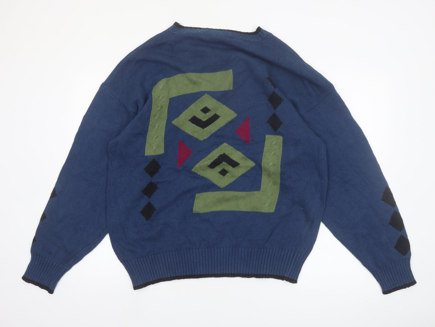 Henry Grethel Men’s Blue Geometric Knit Cotton Jumper L Retro Pullover