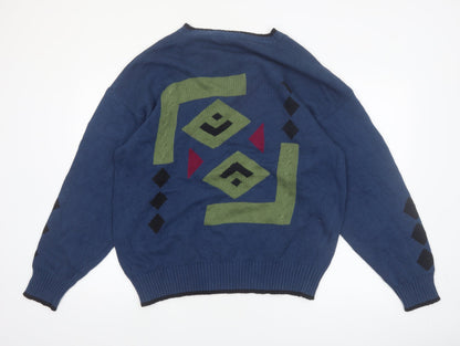 Henry Grethel Men’s Blue Geometric Knit Cotton Jumper L Retro Pullover