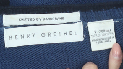 Henry Grethel Men’s Blue Geometric Knit Cotton Jumper L Retro Pullover
