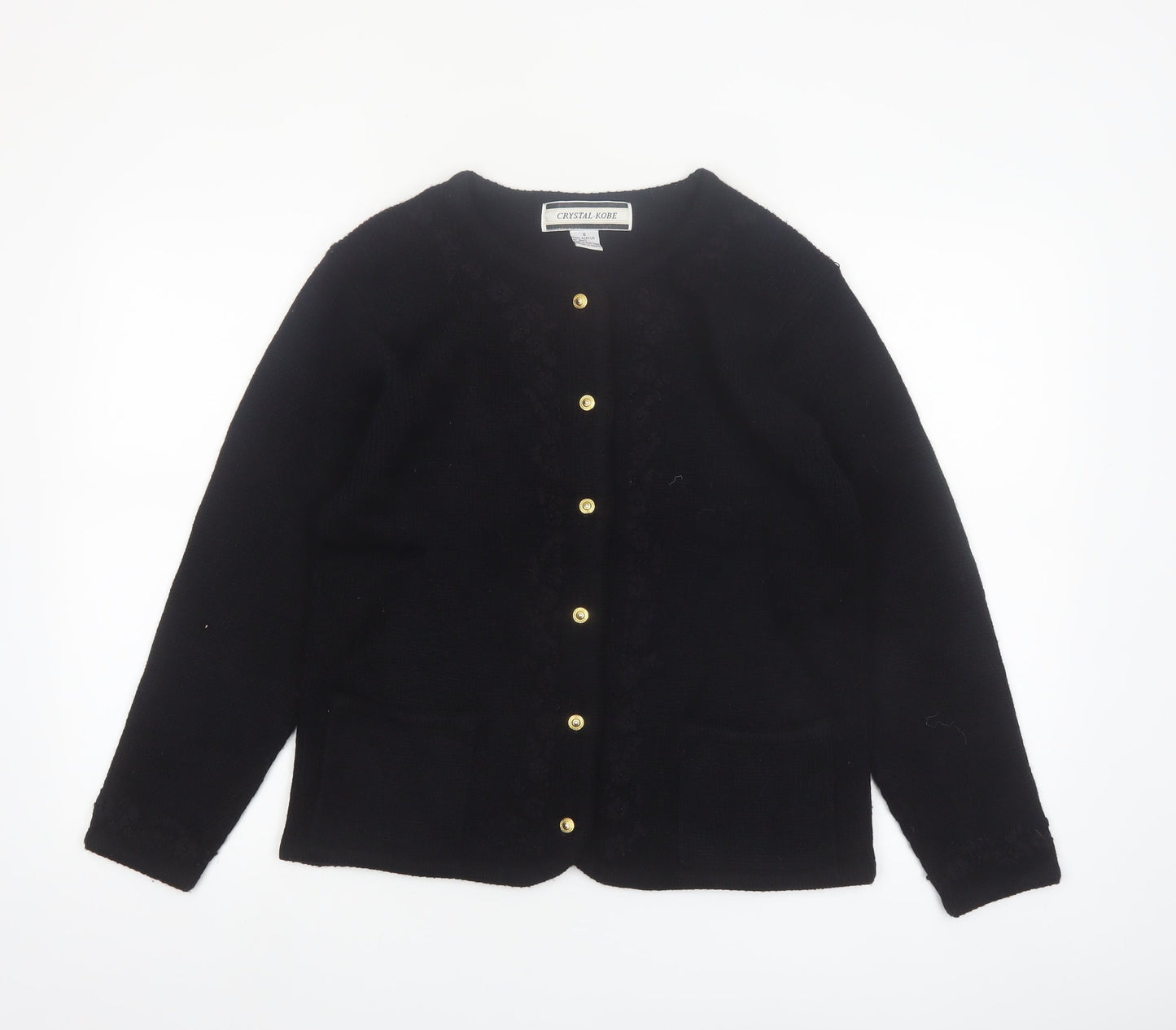Crystal-Kobe Women's Black Knit Cardigan Small Crew Neck Vintage Style