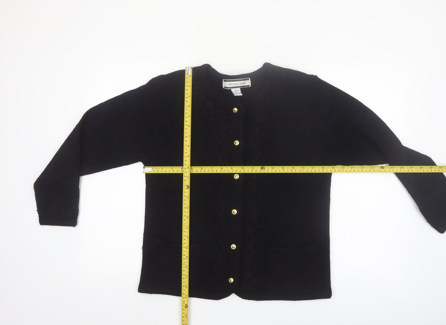 Crystal-Kobe Women's Black Knit Cardigan Small Crew Neck Vintage Style