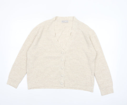 Stradivarius Women Beige Knit V-Neck Cardigan Size 8