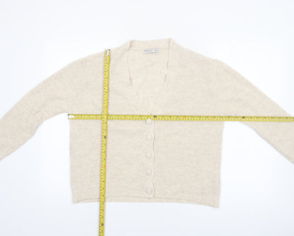 Stradivarius Women Beige Knit V-Neck Cardigan Size 8