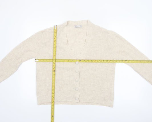 Stradivarius Women Beige Knit V-Neck Cardigan Size 8