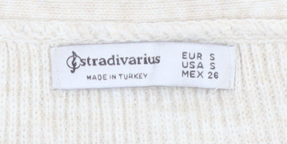 Stradivarius Women Beige Knit V-Neck Cardigan Size 8