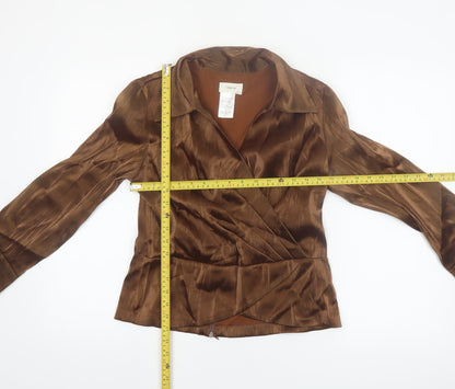 Laura Women’s Brown Satin Wrap Blouse Long Sleeve Size S