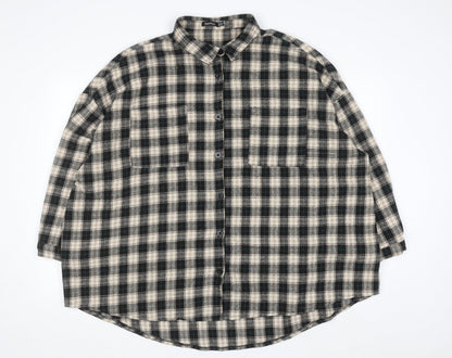Boohoo Womens Beige Check Flannel Button-Up Shirt Size 16