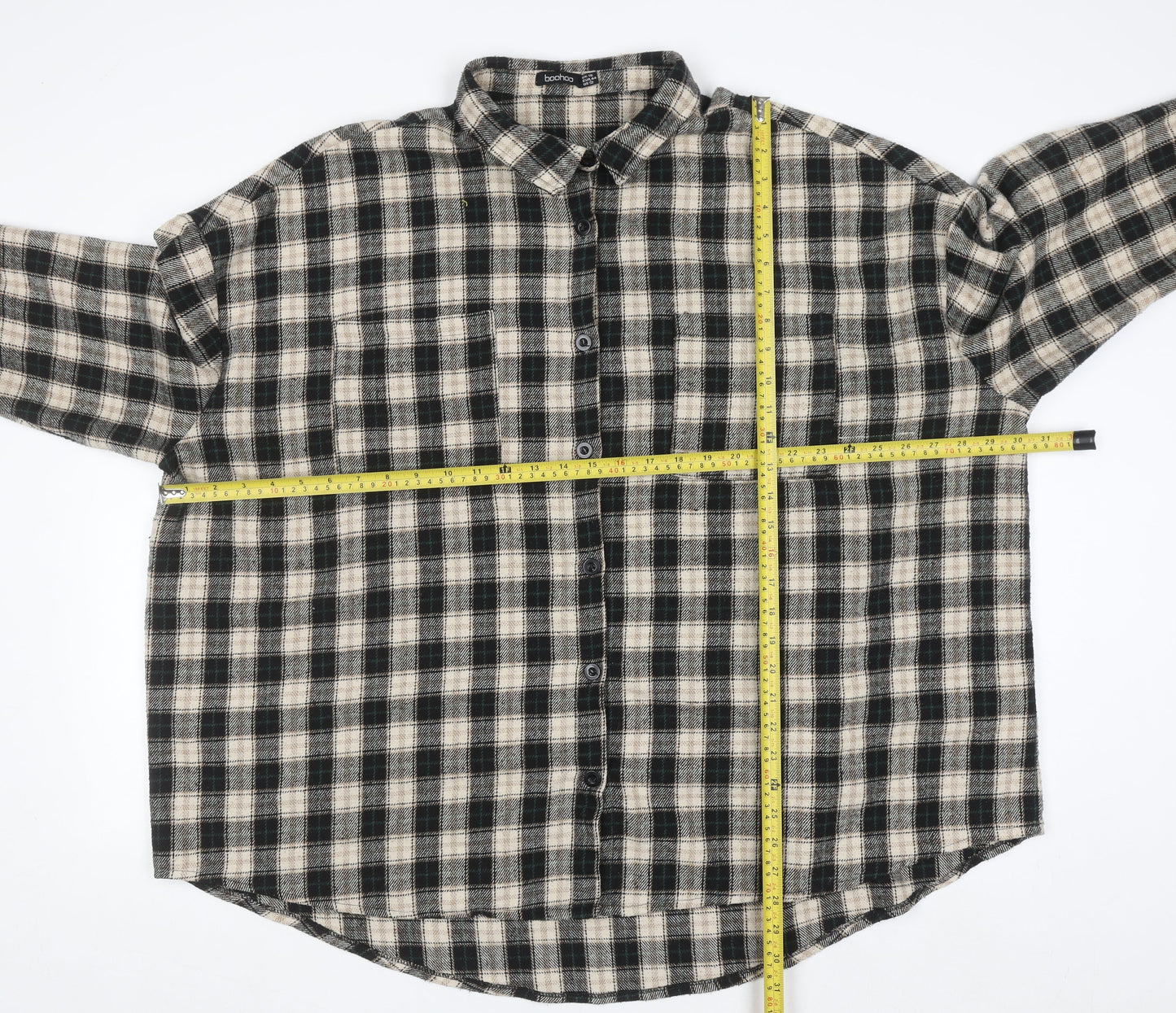 Boohoo Womens Beige Check Flannel Button-Up Shirt Size 16