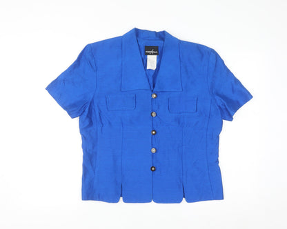 Positive Attitude Women's Blue Silk Collared Short Sleeve Blouse Size 12