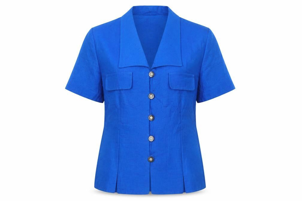 Positive Attitude Women's Blue Silk Collared Short Sleeve Blouse Size 12