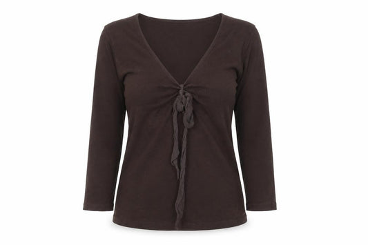 Front view of L.K. Bennett Brown 3/4 Sleeve Cotton Wrap Blouse Women’s S