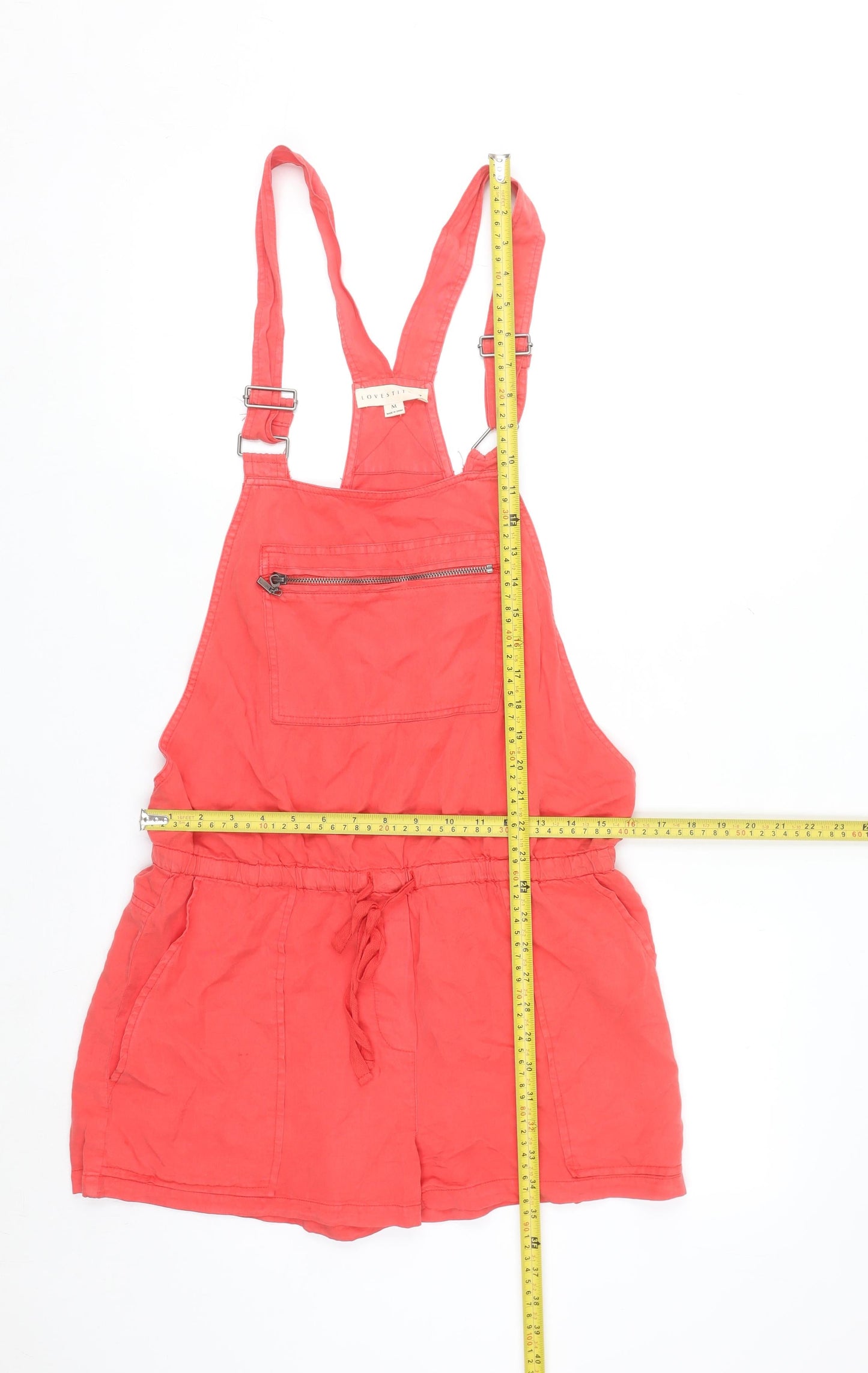 Lovestitch Women Coral Red Tencel Dungaree Playsuit Size M Adjustable Straps