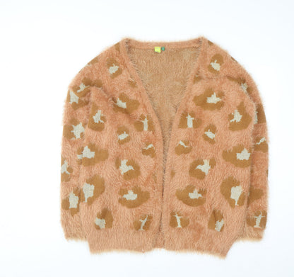 FARM Womens Brown Leopard Fluffy Open Knit Cardigan M