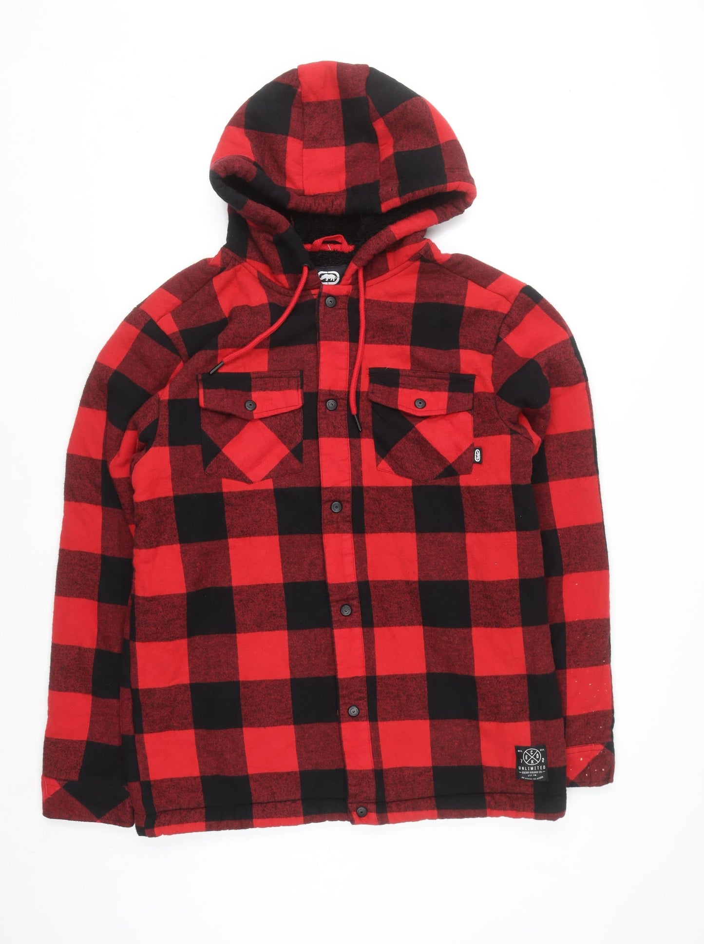 Ecko Unltd Mens Red Black Check Hooded Flannel Shirt Jacket L