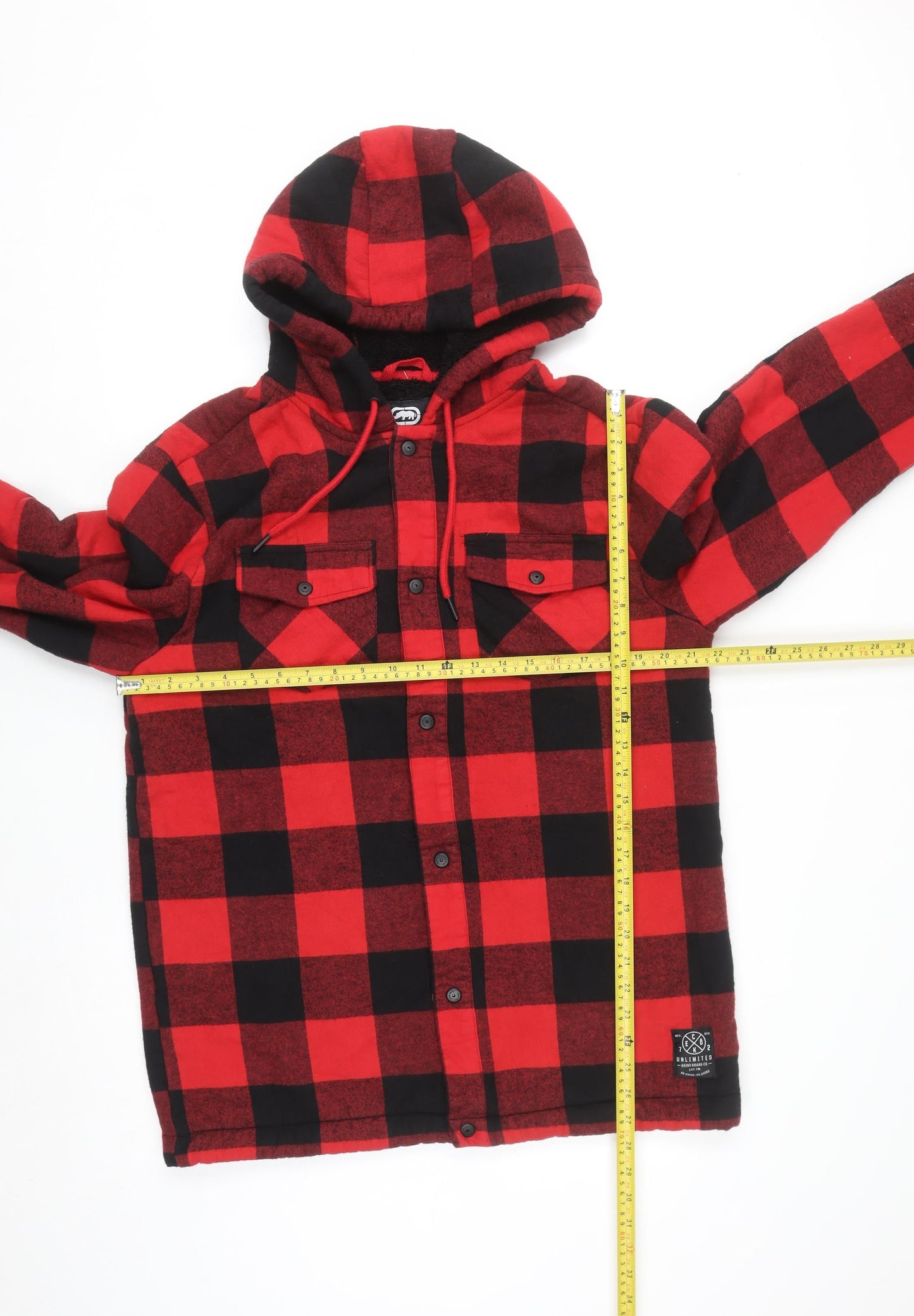 Ecko Unltd Mens Red Black Check Hooded Flannel Shirt Jacket L