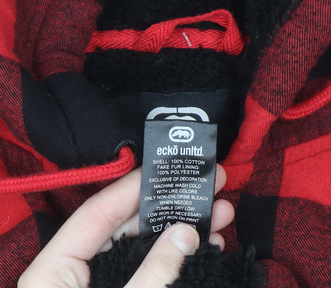 Ecko Unltd Mens Red Black Check Hooded Flannel Shirt Jacket L