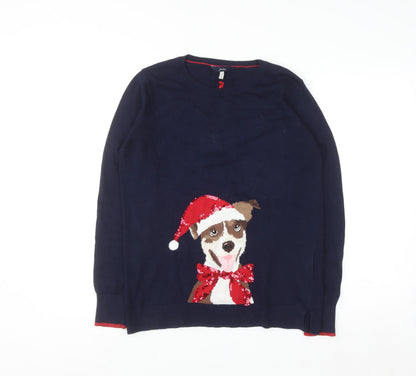 Joules Womens Blue Christmas Dog Sequin Jumper Size 10