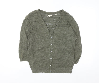 Fat Face Womens Green Cotton V-Neck 3/4 Sleeve Cardigan Size 12