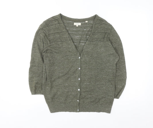 Fat Face Womens Green Cotton V-Neck 3/4 Sleeve Cardigan Size 12
