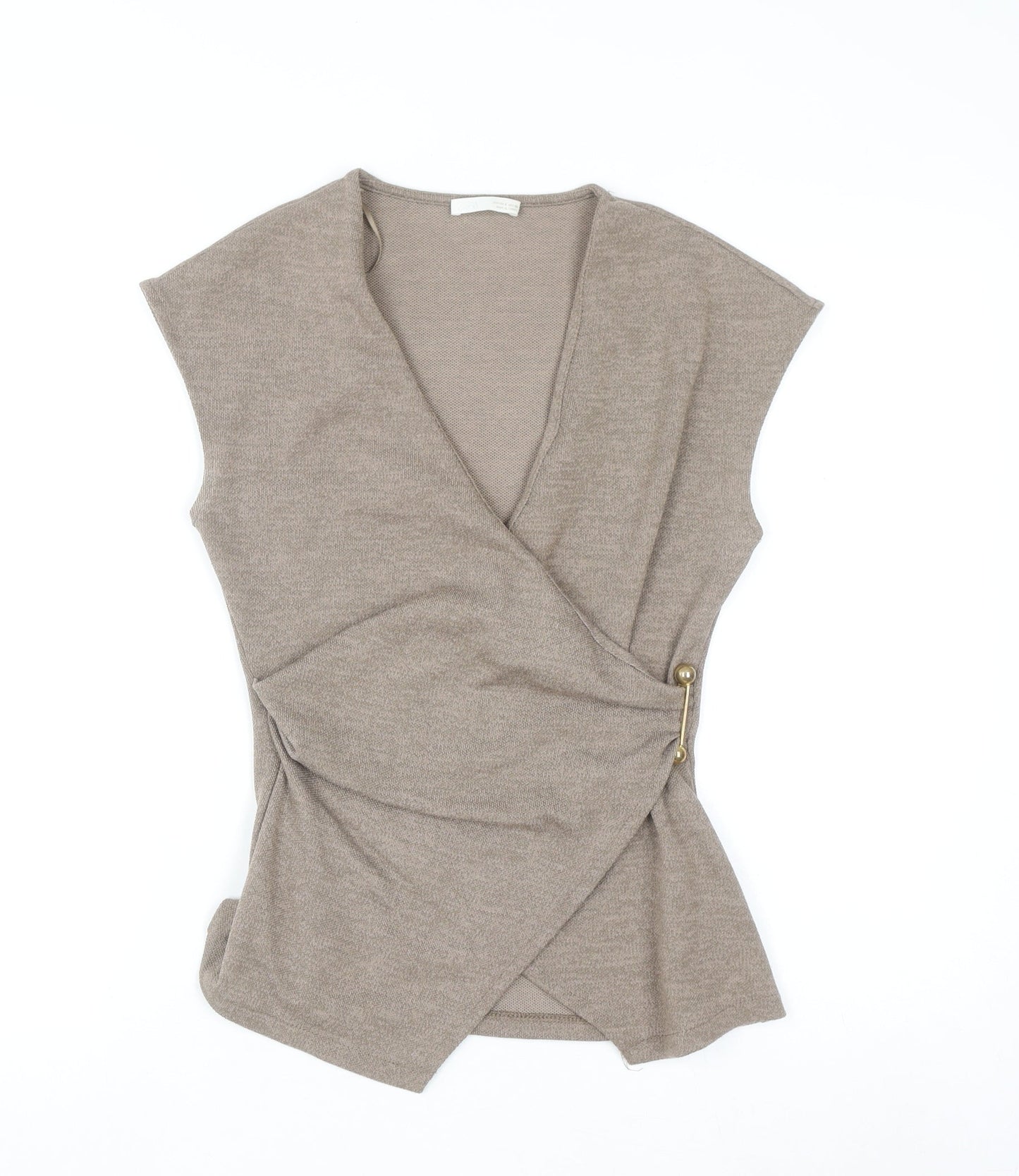 Zara Women Beige Wrap Blouse Knit Sleeveless Top Size S