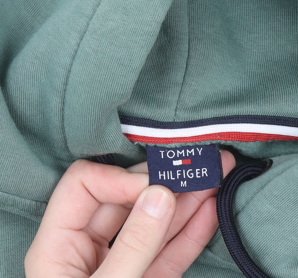Tommy Hilfiger Men's Green Pullover Hoodie Size M Logo Fleece